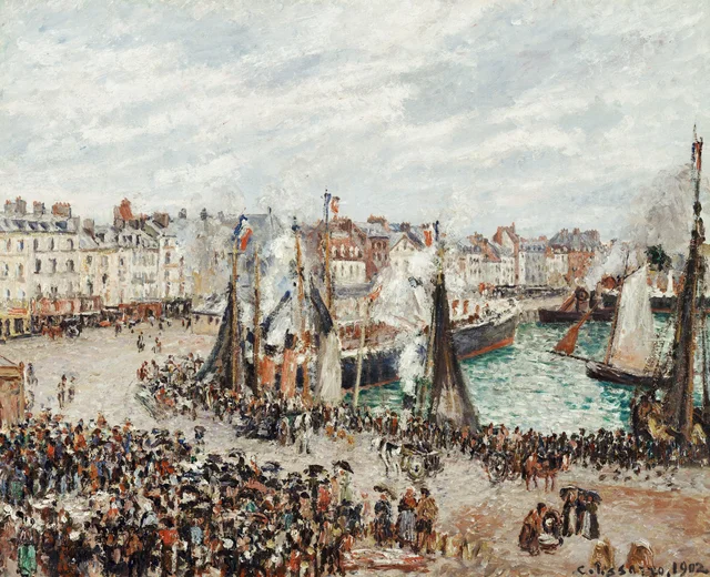 El mercado de pescado, Dieppe, tiempo gris, mañana, Camille Pissarro