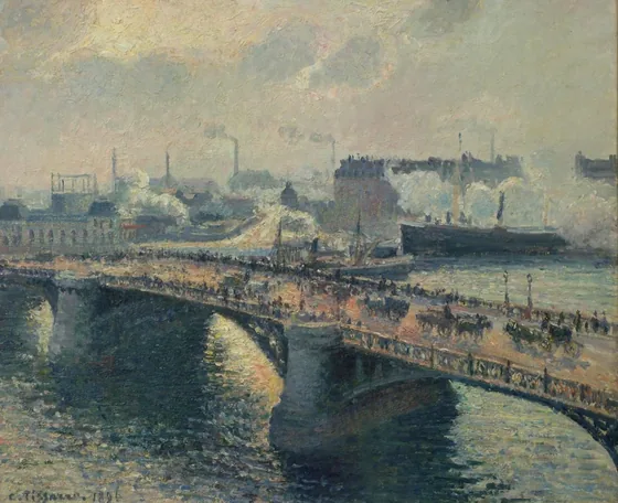 Le Pont Boieldieu à Rouen, soleil couchant, temps brumeux