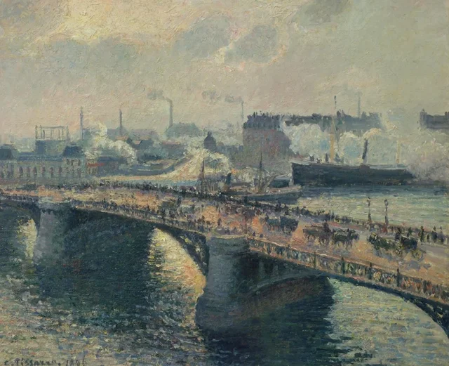 El puente Boieldieu en Ruan, puesta de sol, tiempo brumoso, Camille Pissarro