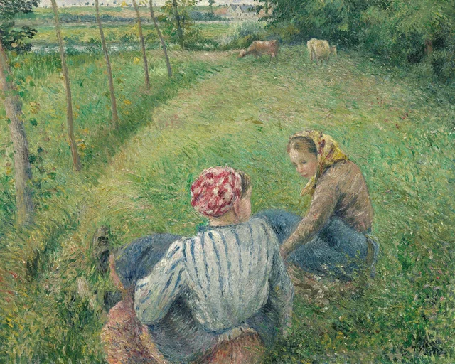 Las jóvenes campesinas descansando en los campos cerca de Pontoise