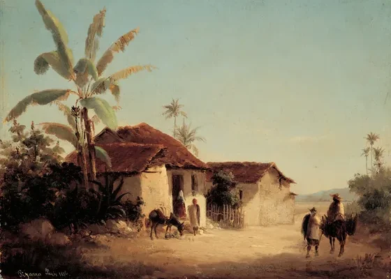 Paysage avec masures et palmiers