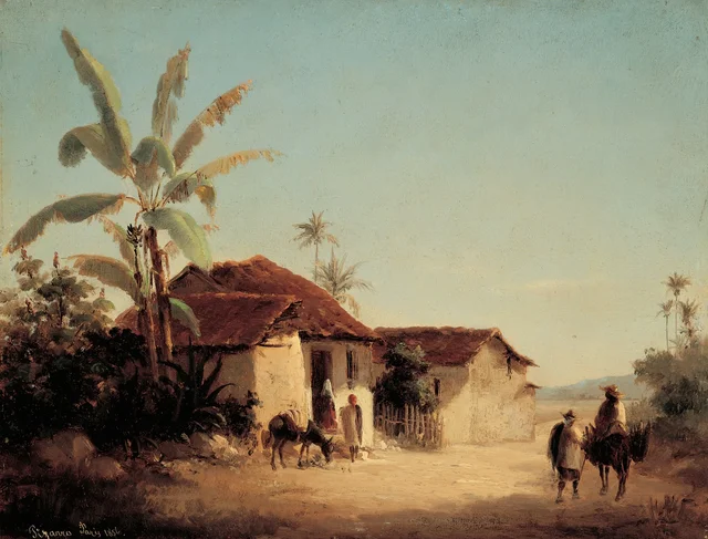 Paisaje con chozas y palmeras