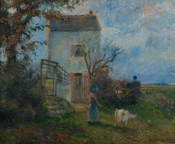 Paysanne et chèvre devant une maison, environs de Pontoise