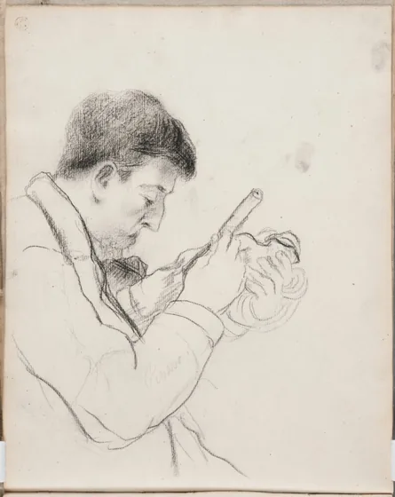 Portrait of Paul Gauguin chiselling on a statuette (Sheet 22 verso of Paul Gauguin's sketchbook)