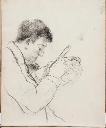 Portrait of Paul Gauguin chiselling on a statuette (Sheet 22 verso of Paul Gauguin's sketchbook)