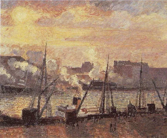 Quai de la Bourse à Rouen, soleil couchant