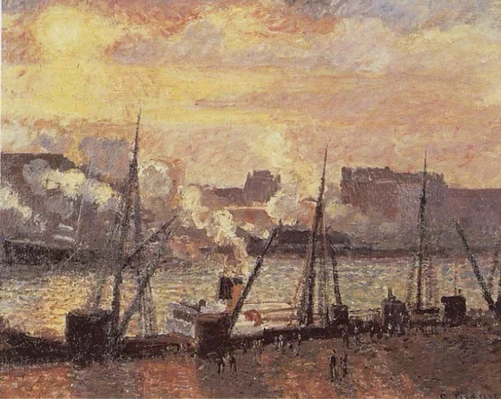 Quai de la Bourse à Rouen, soleil couchant