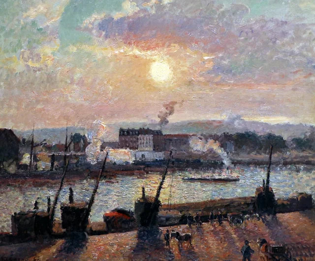 Quai de la Bourse, Ruan, puesta de sol, Camille Pissarro