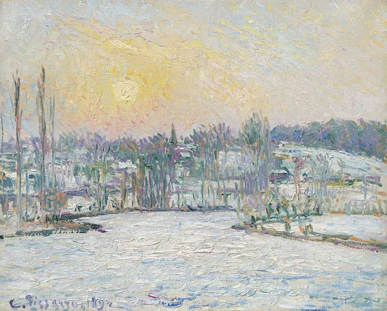 Vue de Bazincourt, effet de neige, soleil couchant