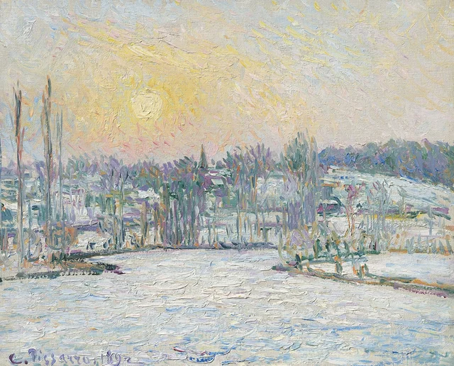 Vista de Bazincourt, efecto de nieve, puesta de sol