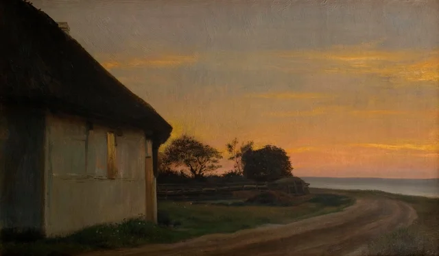 Paisaje vespertino con una casa y un jardín junto al mar. Ellekilde