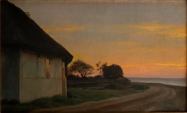 海辺の家と庭のある夕暮れの風景、エッレキルデ