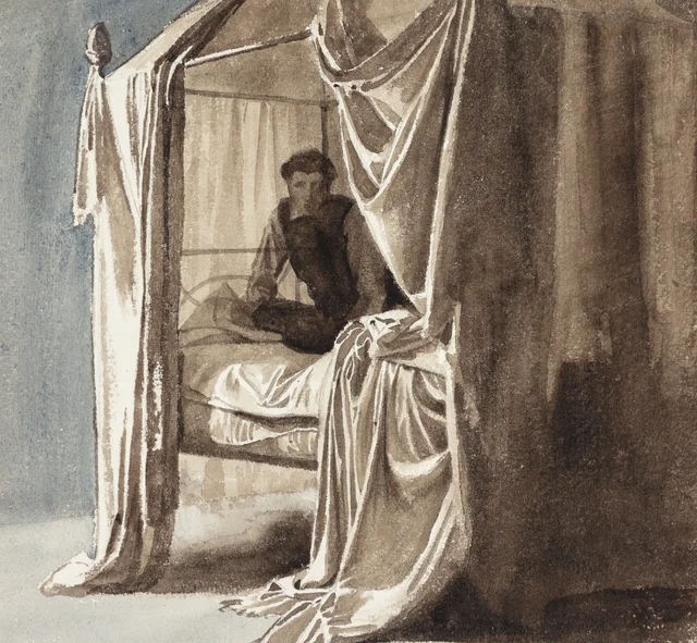 Una cama con cortinaje. Estudio para el cuadro «Niels Ebbesen y el conde Gert» expuesto en 1868, Carl Bloch