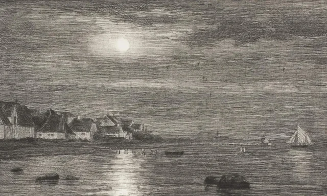 Vista de la playa en Hellebæk. Luz de luna