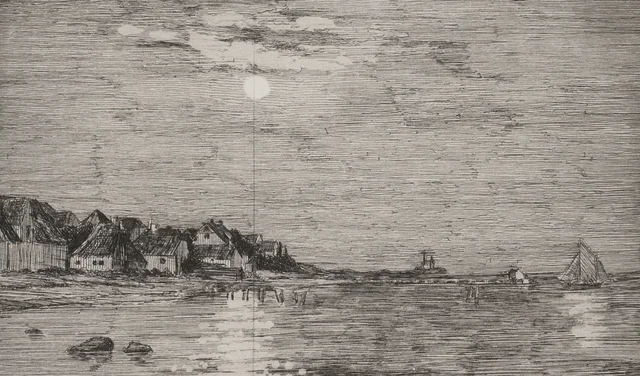 Vista de la playa en Hellebæk. Luz de luna (estado de aguafuerte pura)