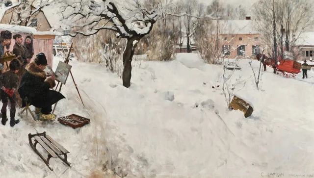 O Pintor ao ar livre. Motivo de inverno em Åsögatan 145, Estocolmo, Carl Larsson