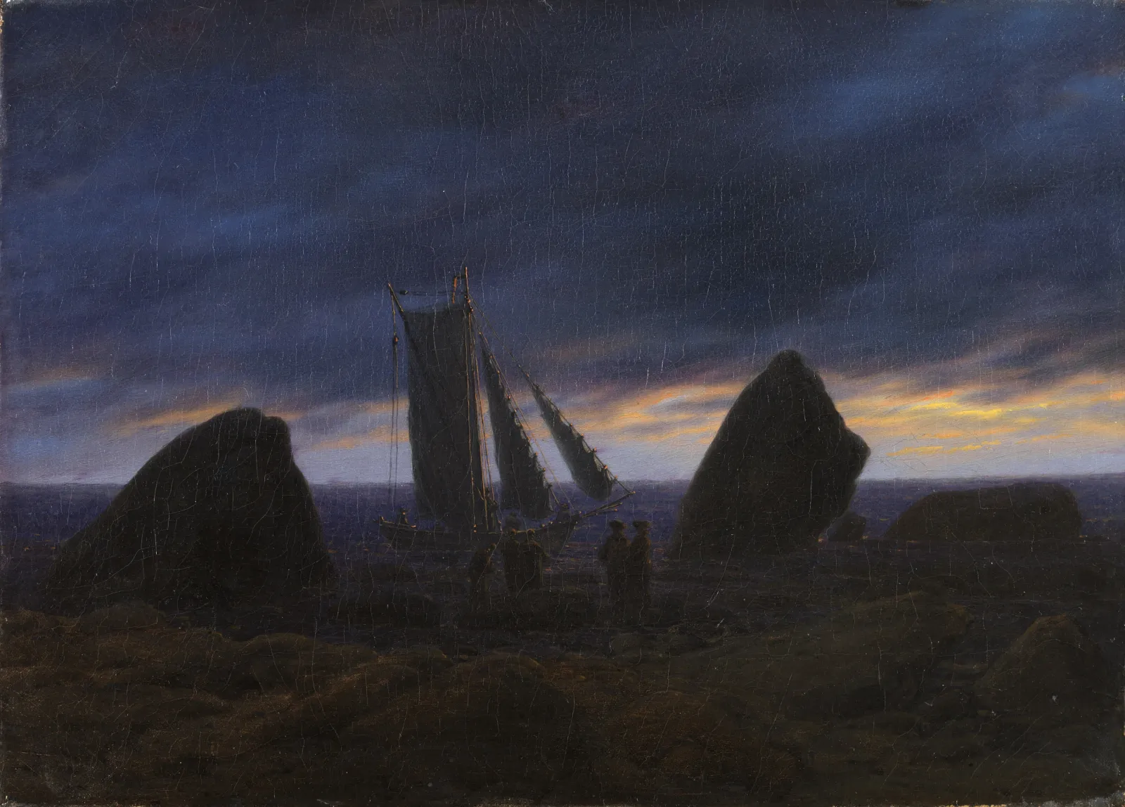 Bateau de pêche entre deux rochers sur la plage de la mer Baltique, Caspar David Friedrich