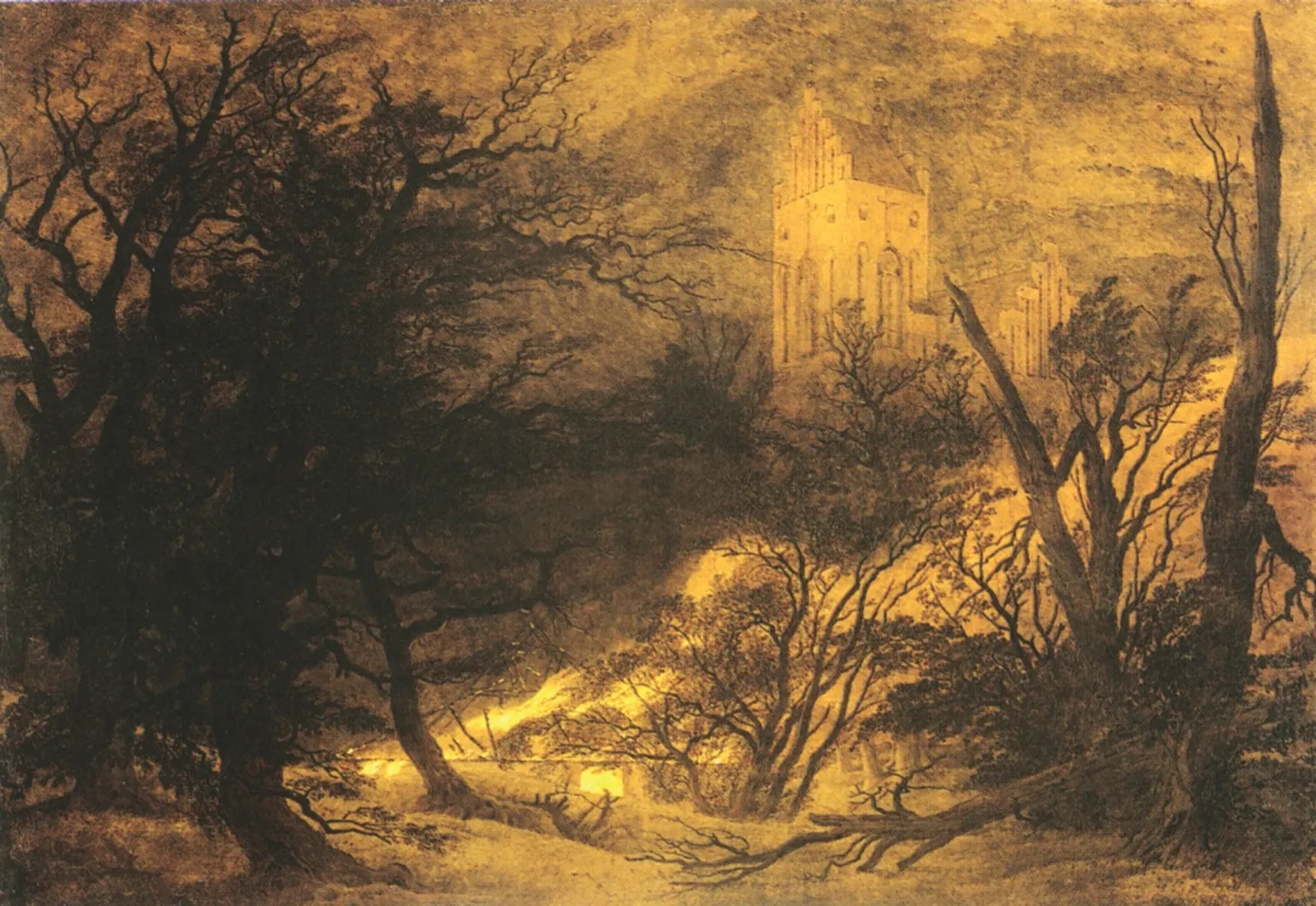 Maison en flammes et église gothique, Caspar David Friedrich