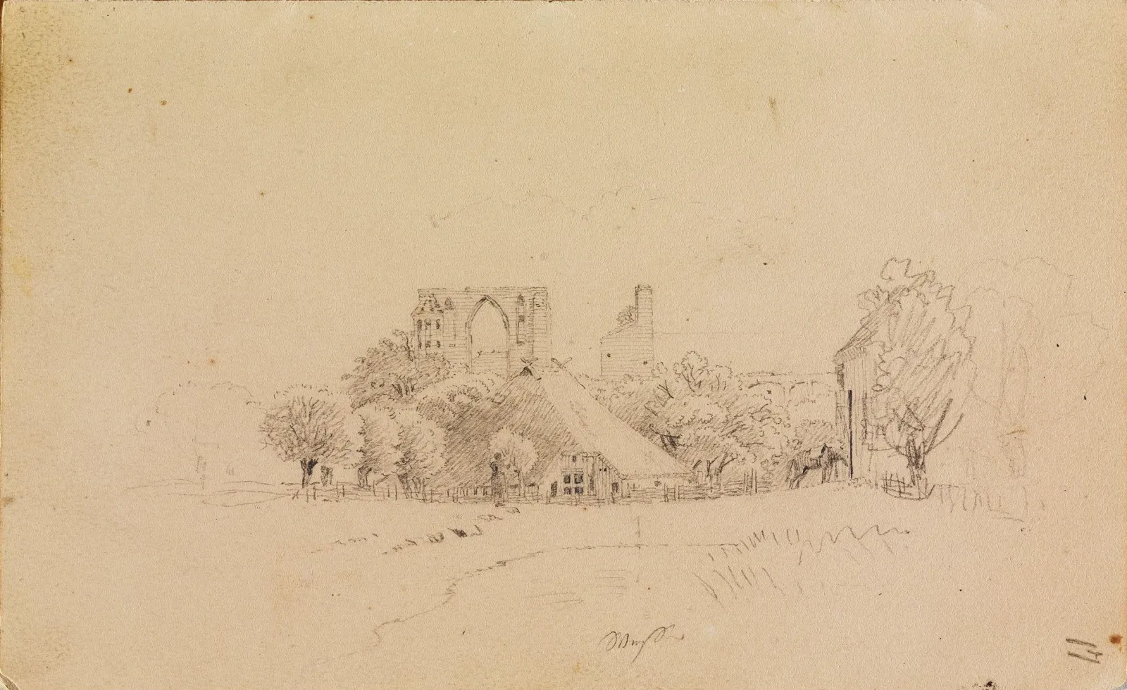 La ruine d'Eldena, avec une ferme au toit de roseaux et un étang, Caspar David Friedrich