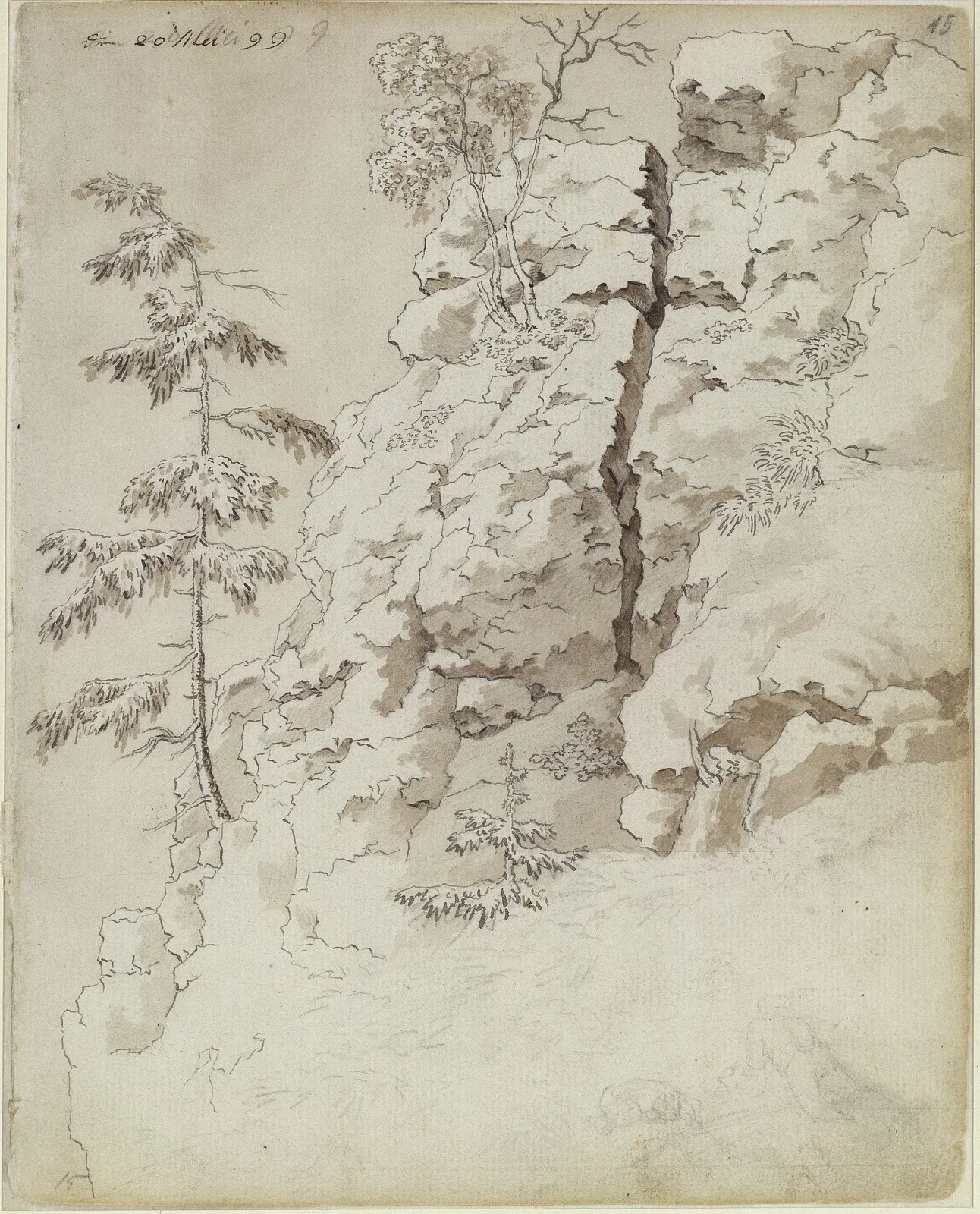 Étude de rochers et d'arbres, avec deux figures allongées, Caspar David Friedrich