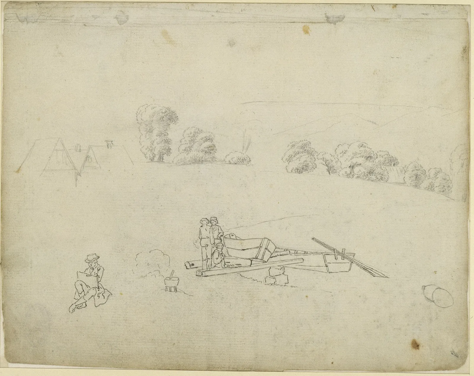 Pêcheurs et barques au rivage, dessinateur assis, études d'arbres et de maisons, Caspar David Friedrich