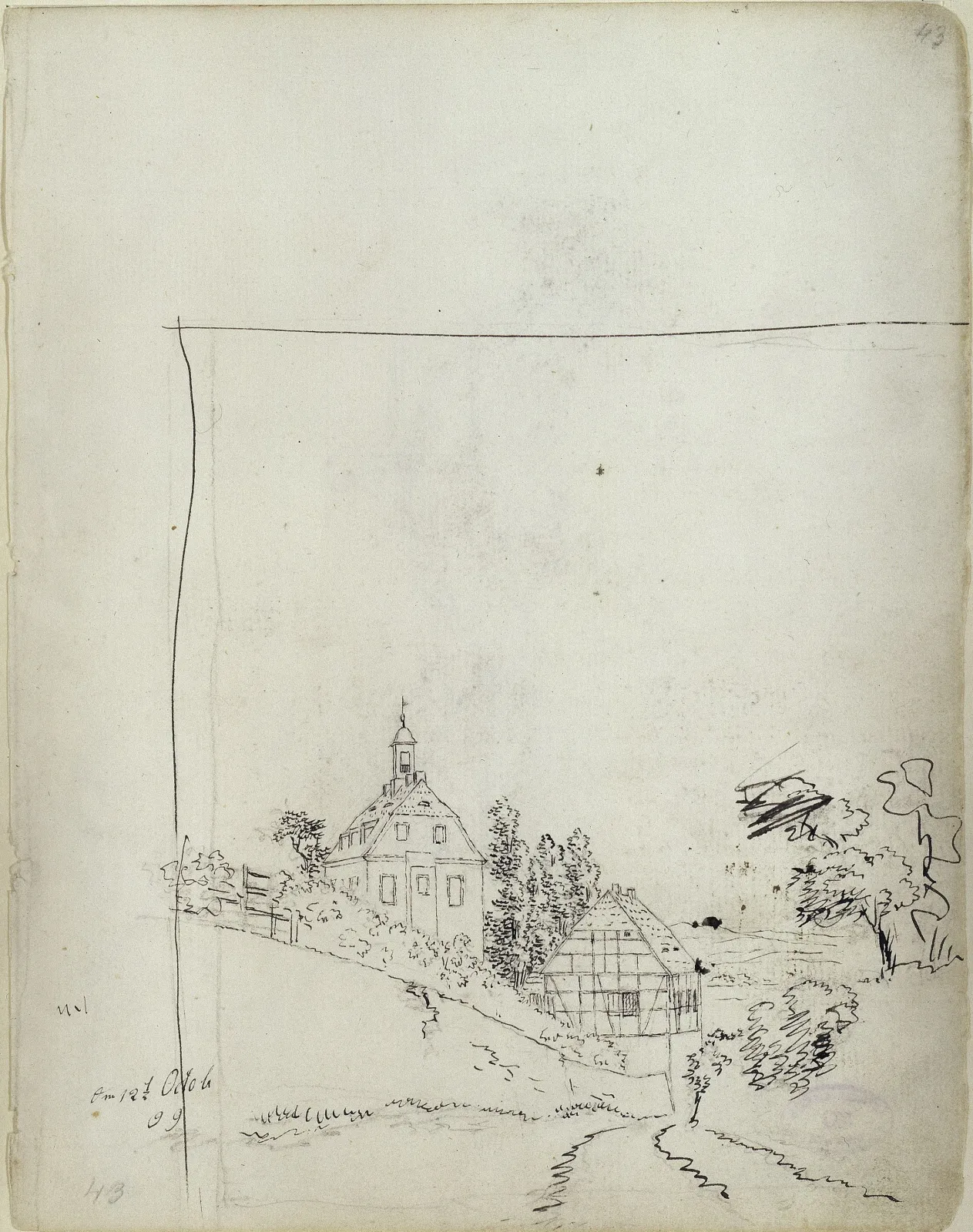 Manoir sur la colline, au premier plan un mur de jardin et un chemin, Caspar David Friedrich