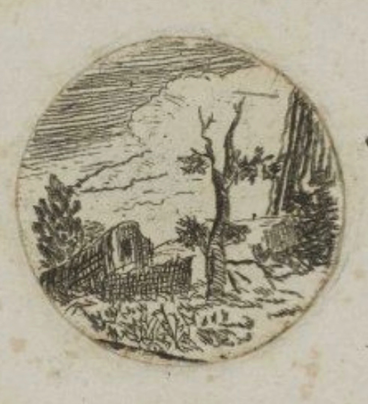 Paysage à l'arbre mort, en médaillon, Caspar David Friedrich