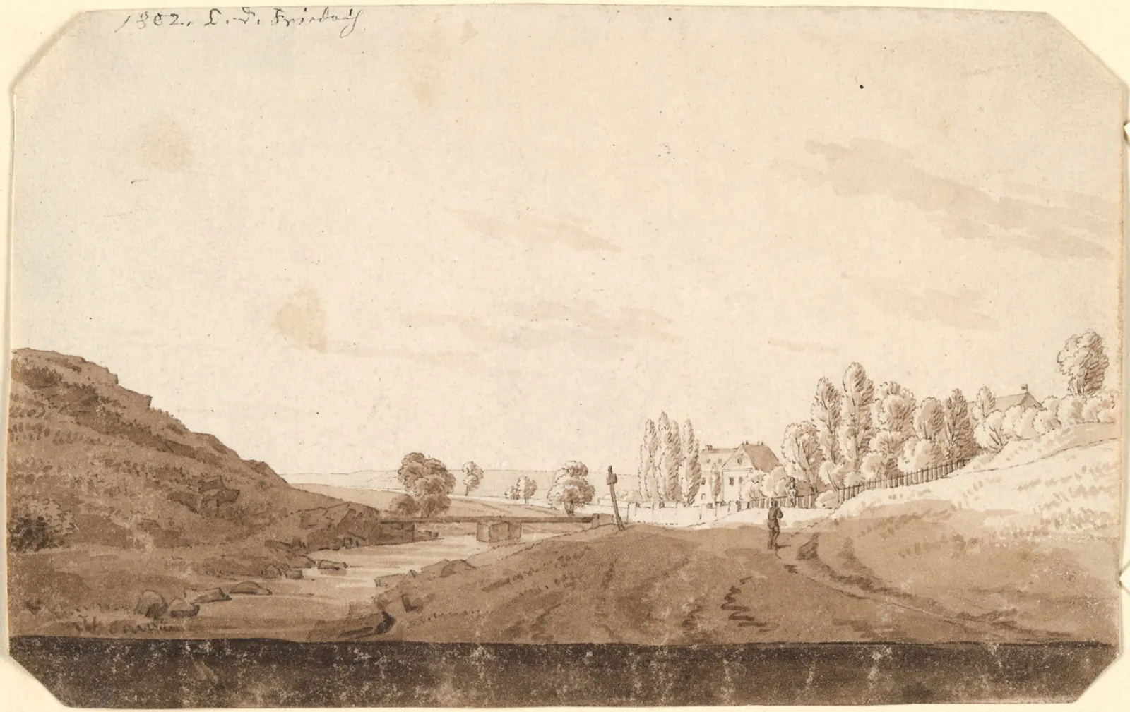 Chemin de campagne avec un ruisseau et un pont, Caspar David Friedrich