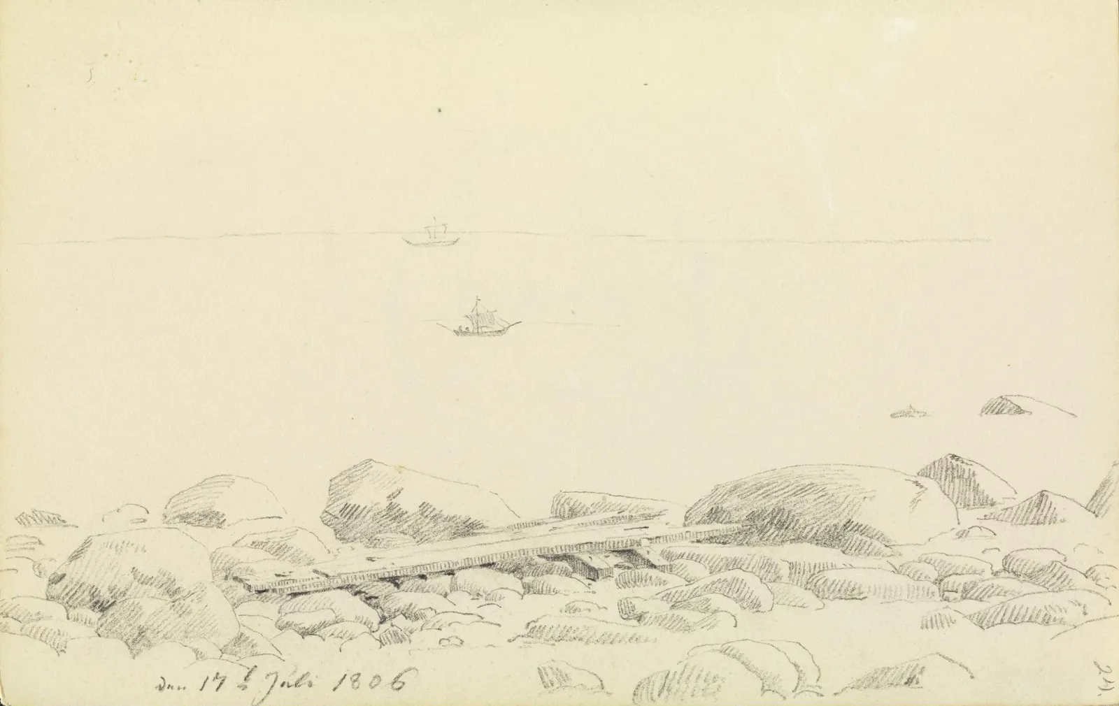 Rivage de galets avec des planches de navire échouées, Caspar David Friedrich