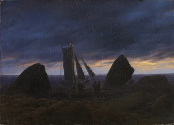 Bateau de pêche entre deux rochers sur la plage de la mer Baltique — Caspar David Friedrich