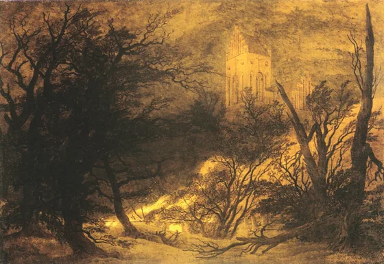 Maison en flammes et église gothique — Caspar David Friedrich