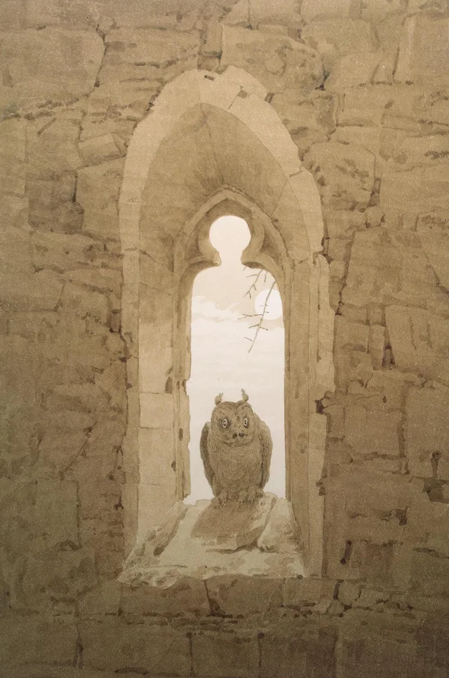 Búho en una ventana gótica, Caspar David Friedrich
