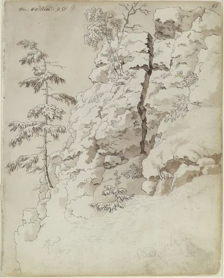 Étude de rochers et d'arbres, avec deux figures allongées — Caspar David Friedrich
