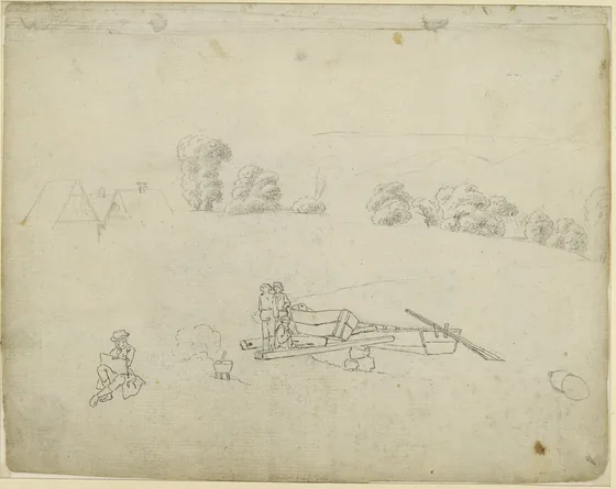 Pêcheurs et barques au rivage, dessinateur assis, études d'arbres et de maisons — Caspar David Friedrich
