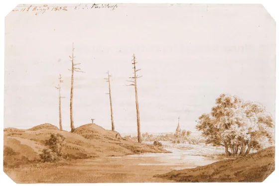 Paysage de rivière avec une croix sur la colline — Caspar David Friedrich