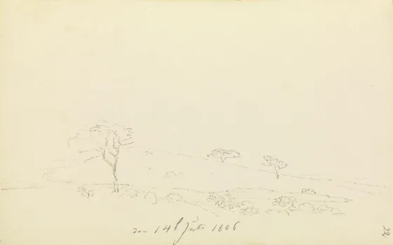 Collines avec un chemin et trois arbres — Caspar David Friedrich