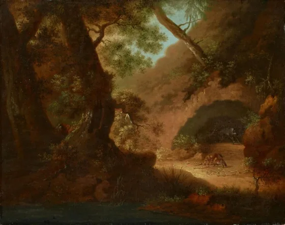Loups dans la forêt en face d'une grotte — Caspar David Friedrich