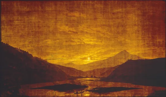 Paysage de rivière dans les montagnes, la nuit — Caspar David Friedrich