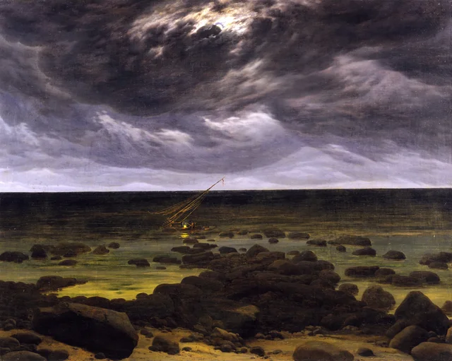 Orilla con barca varada a la luz de la luna, Caspar David Friedrich