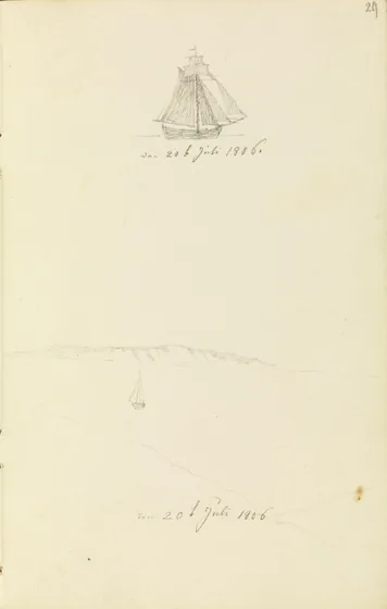 Voilier et vue de la falaise de Rügen sur la côte nord de Hiddensee — Caspar David Friedrich