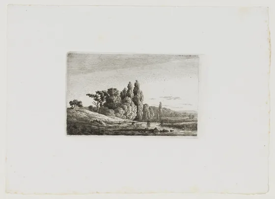 Passerelle et croix de pont devant un bouquet d'arbres, au bord de la rivière — Caspar David Friedrich