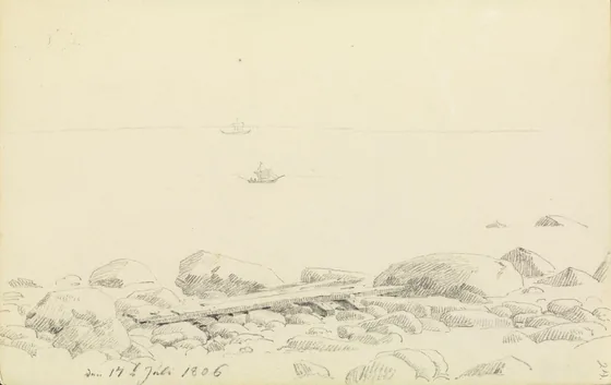 Rivage de galets avec des planches de navire échouées — Caspar David Friedrich