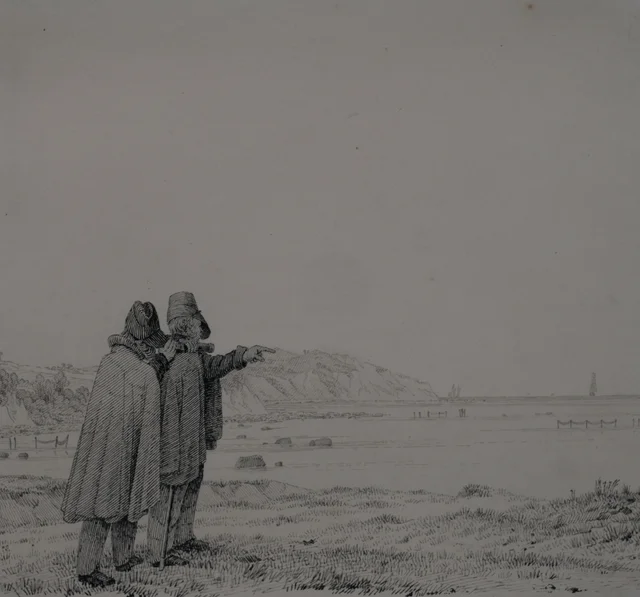 Dos hombres señalando el mar (costa sur de Rügen, Mönchgut)