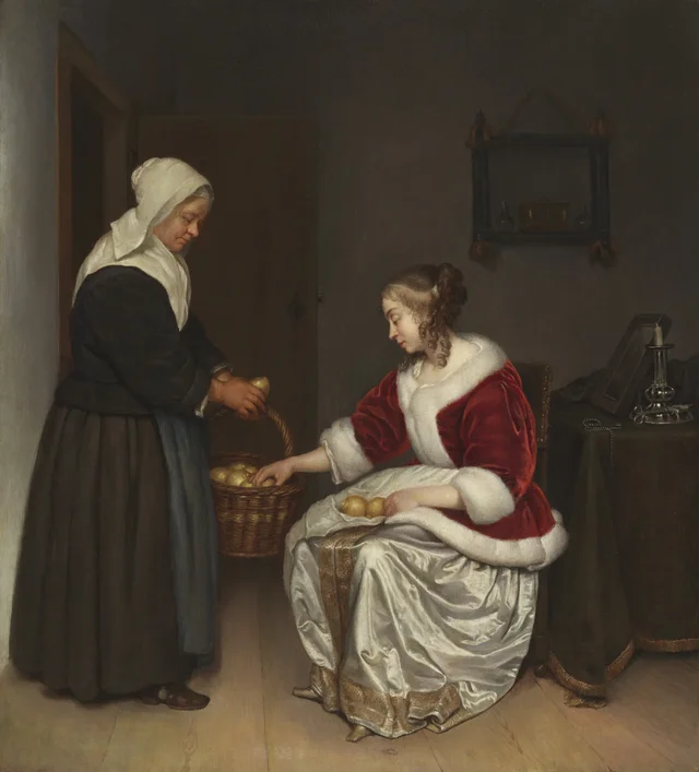 Two Women in an Interior with a Basket of Lemons, Caspar Netscher
