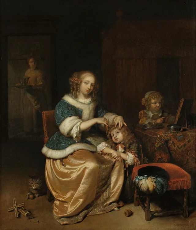 Interior con una madre peinando el cabello de su hijo, conocido como «Los cuidados maternos», Caspar Netscher