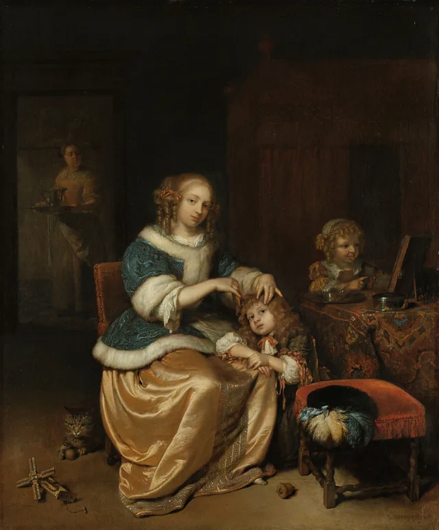 Interior with a Mother Combing Her Child’s Hair, Known as ‘Maternal Care’, Caspar Netscher