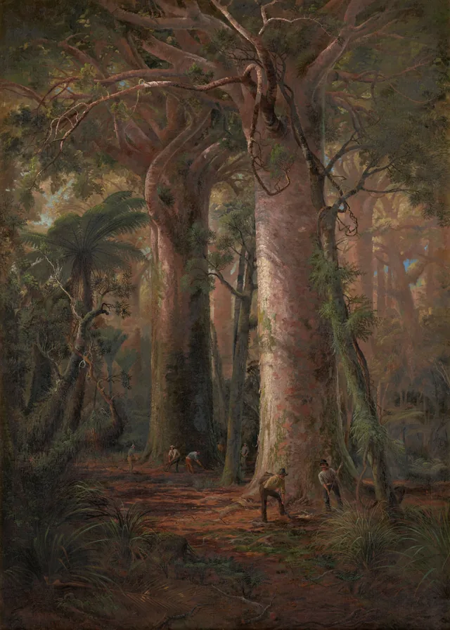 Floresta de kauris, coletores de goma trabalhando, Charles Blomfield