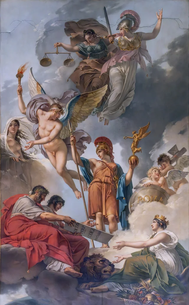 La Terre recevant des empereurs Hadrien et Justinien le code des lois romaines, Charles Meynier