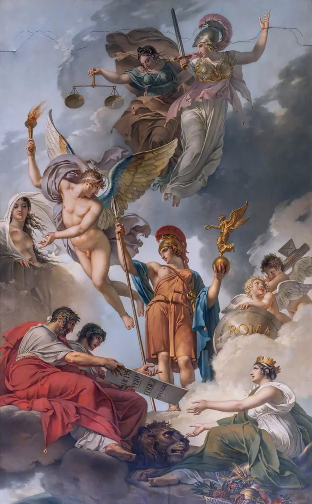 A Terra recebendo dos imperadores Adriano e Justiniano o código das leis romanas, Charles Meynier