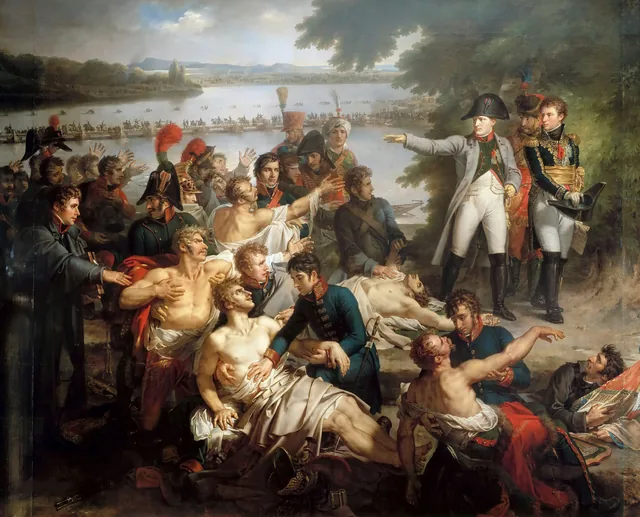 Retour de Napoléon dans l'île de Lobau après la bataille d'Essling, 23 mai 1809, Charles Meynier